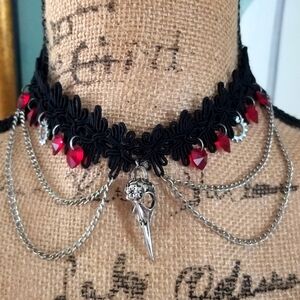 Raven's Skull, Black Lace and Red Crystal Hearts Choker